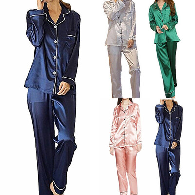 

Ladies Satin Silk Pyjama Set Silky Summer Lounge wear Pajamas long sleeve pjs