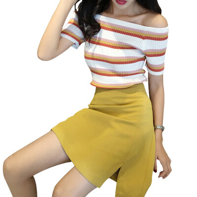 

Sexy Colorful Stripe Pattern Womens Tees Korean Style Sexy Off The Shoulder Half Sleeve Knit Tops