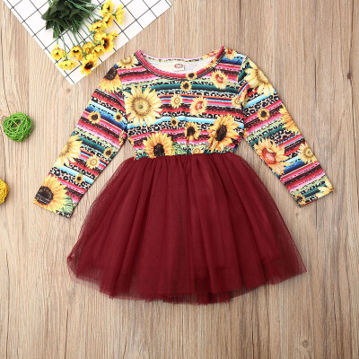 

Toddler Baby Girl Sunflower Long Sleeve Skirt Lace Tulle Dress Summer Clothes