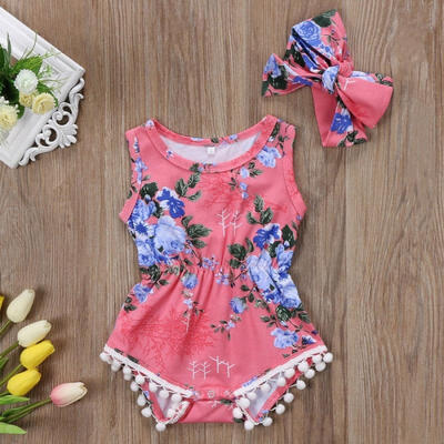 

2Pcs Newborn Infant Baby Girl Floral Tassels Rompers Bodysuit With Headbands Outfits Summer Clothes