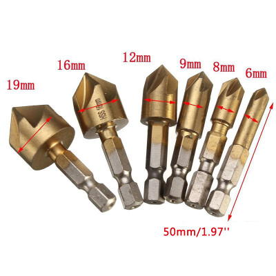 

6pcs 5-Flute Countersink Drill Bit Set 90° Counter 6mm-19mm Sink Chamfer Cutter