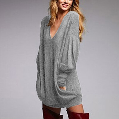 

Womens Long Sleeve Baggy Loose Tops Deep V Neck Solid Casual Blouse T Shirt