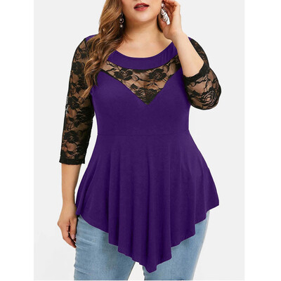 

Roseonmyhand Plus Size Women Solid Floral Lace O-Neck Asymmetric Three Quarter Tops Blouse