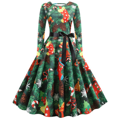 

Gobestart Womens Vintage Christmas Printed Dress Ladies Long Sleeves Dress Xmas Dress
