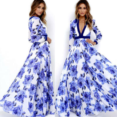 

Women Boho Floral Long Maxi Dress Cocktail Party Evening Summer Beach Sundress