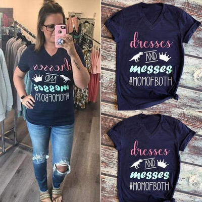 

Women Casual Short Sleeve &quotMom Of Both&quot Printed Tops Loose V-neck Cotton Blouse