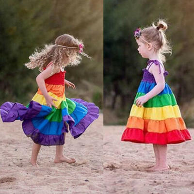 

Toddler Kid Baby Girl Ruffle Sleeveless Rainbow Dress Party Princess Dresses