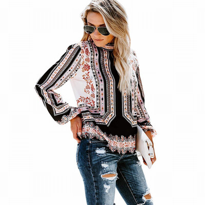 

High-neck long-sleeved shirt womens slim printed shirt