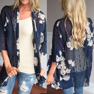 

Roseonmyhand Women Floral Print Beach Chiffon Loose Shawl Kimono Cardigan Top Cover Blouse