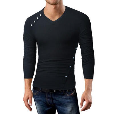

Fashion Casual Mens T Shirt Solid Color Side Buttons Long Sleeve V-Neck Tight Shirt For Men