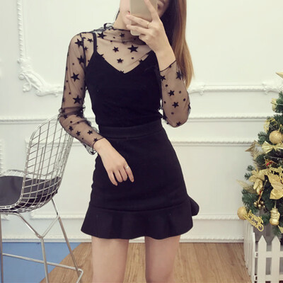 

Sexy See Through Blouse 2017 Summer Women Transparent Mesh Stand Neck Long Sleeve Sheer Shirts Ladies Tee Tops S3