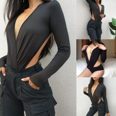 

Women Sexy V-Neck Leotard Bodysuit Long Sleeve Tops Bodycon Jumpsuit Black  M L