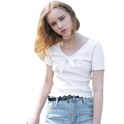 

Summer Female Harajuku T-shirt Sexy V Neck Solid Short Sleeve tshirt Knitted t shirt Women with Bow