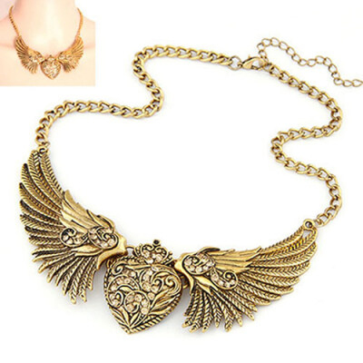 

Women\s Fashion Rhinestone Heart Angel Wings Statement Necklace Jewelry