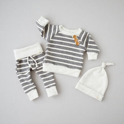 

3Pcs Newborn Baby Long Sleeve Top T shirtPantsHat Striped Outfits Hat Clothes Fit For 0-18M