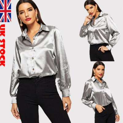 

UK Women Long Sleeve Ladies Glossy Silk Satin Button Down Tops Blouse T-Shirts