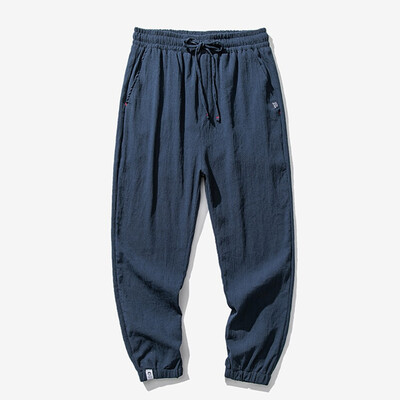 

Gobestart Fashion Men Solid Color Striped Cotton Linen Long Pants Casual Trousers