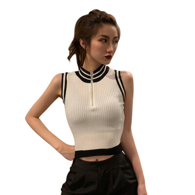 

Womens Slim Color Block Turtleneck Zipper Sleeveless Knitted Crop Tops