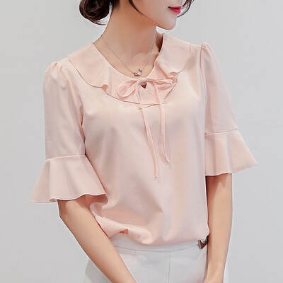 

Starmoon Women Summer Work Office Tie up Short Sleeve Solid Chiffon Blouse Plus Shirt Top