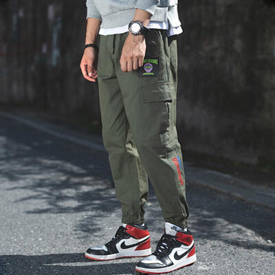 

NEW Hot Side Pockets Ribbons Pencil Pants Men Hip Hop Streetwear Sweatpants Fashion Casual Male Cargo Pants Trousers Army Green
