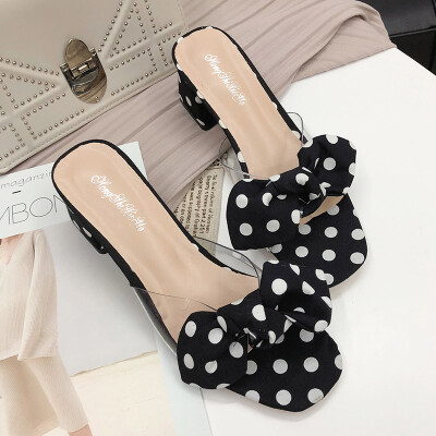 

Ins slippers for women wearing bow-tied square-headed high heels with 100 sets of sandals outside Xia Han Edition