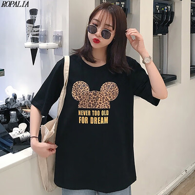 

Womens Korean Style Round Neck Cartoon Print Bronzing Letters Short Sleeve T-Shirt