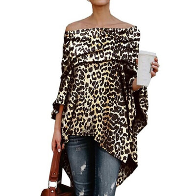 

Womens Off Shoulder Loose Blouse Boat Neck Leopard Print Party Clubwear Tops