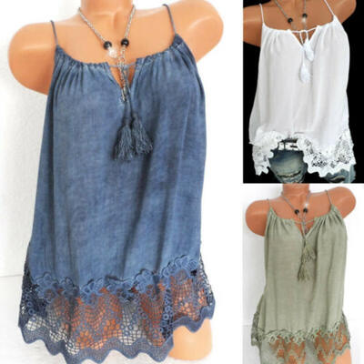 

Womens Summer Loose Strappy V-Neck Sleeveless Lace Tank Top Vest T-Shirt Blouse