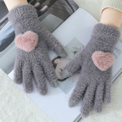 

cute Gloves Women Touch Screen 2019 New Winter Soft Rabbit Wool Gloves Warm Lovely Girls Pink Heart Mittens Gloves