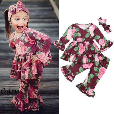 

3PCS Toddler Kids Baby Girls Printed Ruffle Tops Floral Leggings Headband Outfit Clothes Set 0-4T