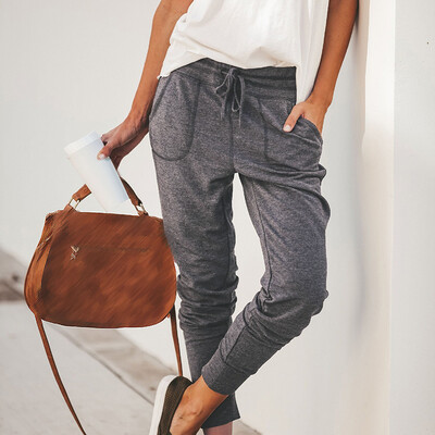 

Fashion Womens Loose Casual Pants Mid-Waist Pocket Lace-up Sports Trousers 2019