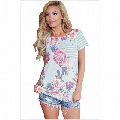 

Multicolor round neck short sleeve coral lace stripe casual chic straight top
