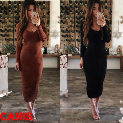 

New Fashion Women Winter Knitted Sweater Bodycon V Neck Long Pencil Party Dress