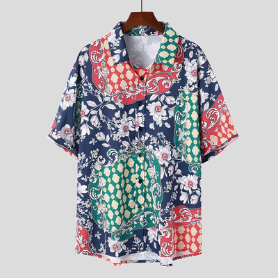 

Tailored Mens Ethnic Printed Stand Collar Colorful Stripe Short Sleeve Loose Shirt