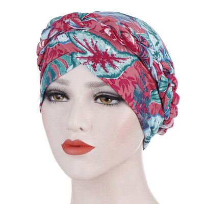 

6 Colors Muslim Women Flower Print Turban Cancer Braided Chemo Hat For Women Stretch Head Scarf