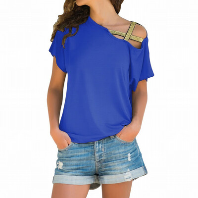 

Solid color oblique collar short sleeve hollow cross casual slimming shirt
