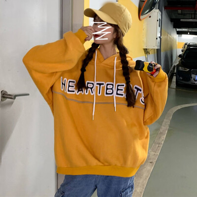

Women "HEARTBEATS" Long Sleeve Sweatshirt Front Reflective Striped Hooded Tops Autumn Winter Loose Pullovers Casual Tops