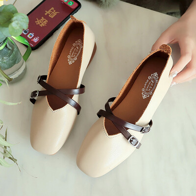 

Rough-heeled single-shoe woman middle-heeled shallow-mouthed Korean version square-headed soft-leather soft-soled grandmothe