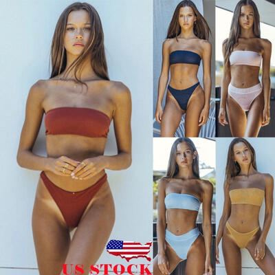 

Women Bikini Set Solid Color Swimsuit Beach Bandage Triangle Swimwear Bathing