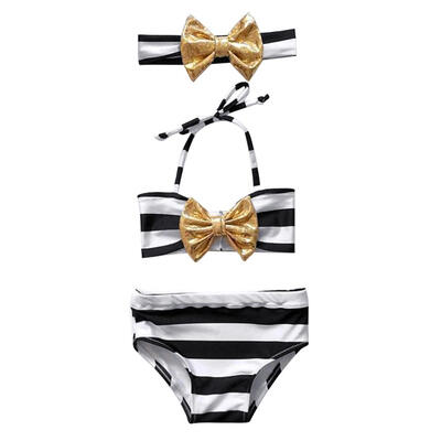 

3pcs Cute Bowknot Stripe Swimsuit Bikini Set Girls Kids Swimwear Headband
