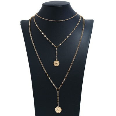 

Vintage Engraving Necklace Multi-layer Gold Silver Sequins Long Necklace Big Pendant Moon Necklace Bohemian Style Jewelry
