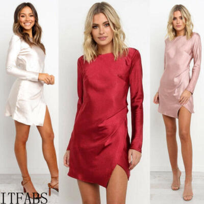 

Autumn Women Long Sleeve Round Neck Irregular Split Openwork Backless Mini Dress