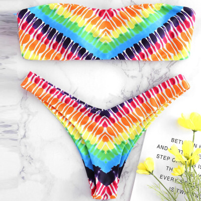 

Roseonmyhand Womens Digital Double-sided Printing Rainbow Tube Top Split Swimsuit Bikini