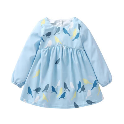

Long Sleeve Cotton Baby Cute Birds Print A-line Dress Girls Pleated Clothes