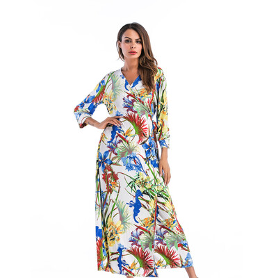 

Tailored Women Fashion Deep V Neck Floral Print Seven Sleeve Long Dress