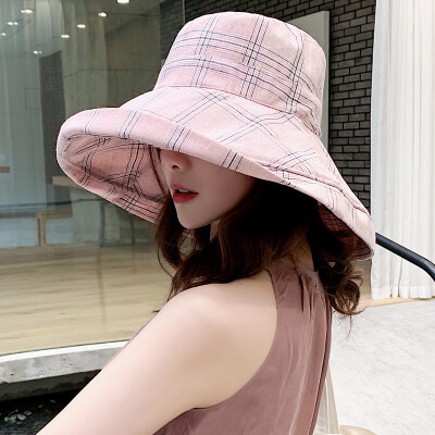 

Summer sun protection double - sided cotton - linen fishermans hat plaid goes out sun - shading sun cap net red person basin hat