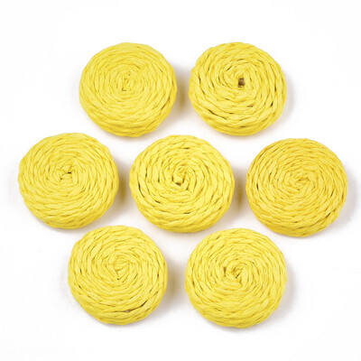 

Handmade Woven Beads Paper Imitation Raffia Covered with Wood No HoleUndrilled Flat Round Yellow 2528x78mm