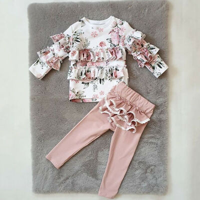 

2PCS Toddler Baby Girl Autumn Clothes Floral Tops T-Shirt Ruffle Pants Outfits