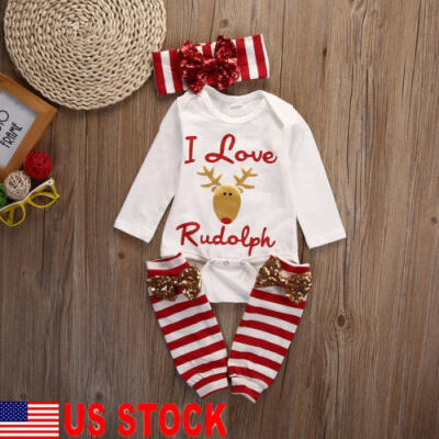 

US Christmas Baby Boy Girl Infant RomperHeadbandLeg Warmer 3Pcs Outfit Clothes