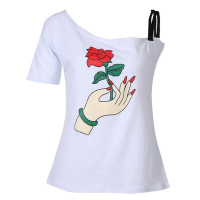 

Fashion Summer Sexy Women Ladies Short Sleeve Flowers Print Rose Off Shoulder Black White T shirt
